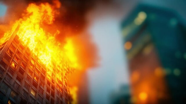 Inferno in the City: A towering building ablaze, flames engulfing its structure amidst the urban landscape, smoke billows, creating a scene of disaster and destruction.