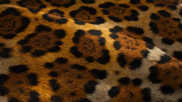 A luxurious and detailed close-up of a soft furry leopard print fabric showing the beautiful and classic animal pattern in shades of brown black and yellow