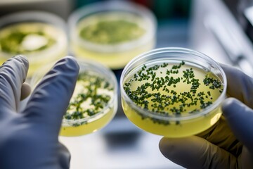Scientist analyzing microalgae samples in laboratory, developing sustainable food and biotechnological solutions for the future