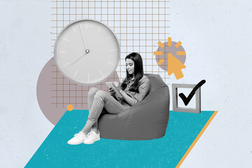 Banner 3d art pop image collage of happy businesswoman businessman stand checkmark approval deal time expire limit alarm