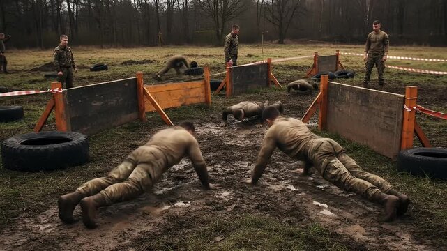 Military Training Obstacle Course Soldiers Crawling Through Muddy Terrain During Exercise