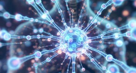 A close-up of a human nerve cell with lots of blue and pink spheres. The spheres are connected to each other and appear to be part of a larger structure. The concept of complexity and interconnectedne