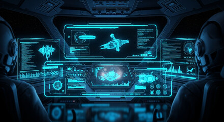 Inside a futuristic spaceship cockpit, a pilot navigates through the cosmos, surrounded by glowing screens displaying complex data and celestial maps