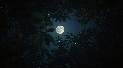 The full moon shining brightly through the leaves on a calm and peaceful night.