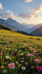 Fototapeta premium Mountain Meadow with Wildflowers at Sunset