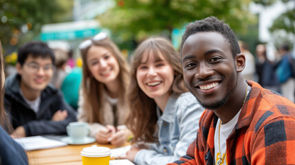 International students studying abroad laughing together, coffee cups and notebooks, friendship and culture, education adventure, youthful joy, shared dreams, diversity and unity, 