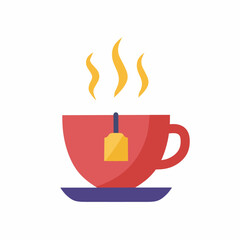 Cozy Tea Time Illustration: Steaming Cup on Saucer with Teabag Graphic