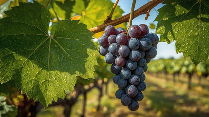 Fresh purple grapes hanging on a vine with morning dew under sunlight.