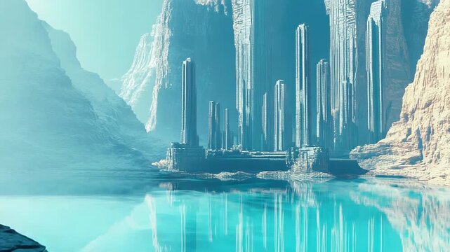 Futuristic sci fi alien city structure by water
