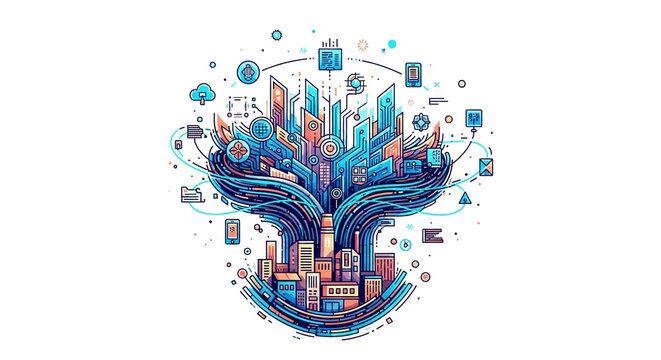 Abstract illustration of a connected city with various digital icons, isolated on white background, representing modern technology and communication