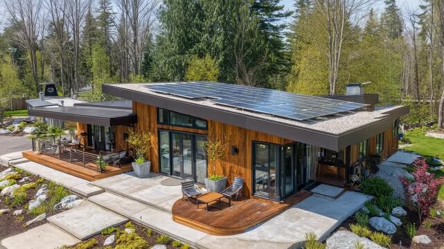 Contemporary one-story house with solar panels, large glass walls, a wooden deck, and a landscaped rock garden.