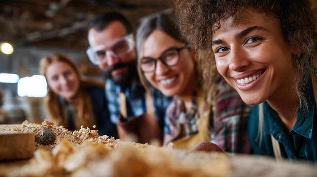 Friends participating in DIY woodworking workshop, teamwork and creativity, sawdust and smiles, learning new skills, collaboration and passion, hands-on activity, craftsmanship joy