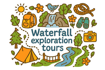 Waterfall Adventure Doodle. Waterfall exploration tours. Hand-drawn doodle illustration of Waterfall