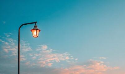 A solitary vintage lamppost glows warmly against a vast, serene twilight sky with soft clouds painted in hues of pink and orange, evoking a sense of peaceful solitude and calm anticipation