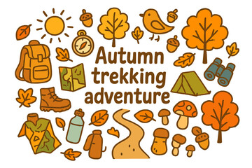 Fototapeta premium Autumn Trekking Adventure. Autumn trekking adventure. Hand-drawn doodle illustration of Autumn trekking