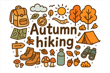 Naklejka premium Autumn Hiking Adventure. Autumn hiking. Hand-drawn doodle illustration of Autumn hiking. backpack, hiking