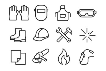 Workwear Icon Set. Workwear trends. Line outline icon set of Workwear trends: welding gloves, protective mask,