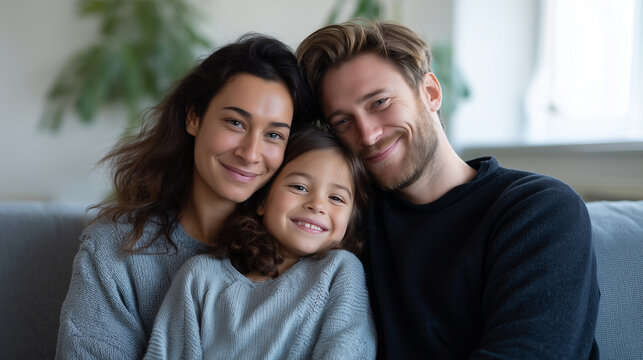 Happy young family sitting on sofa at home, mother father and little daughter laughing and hugging together, cozy bright living room with natural light, warm family atmosphere and