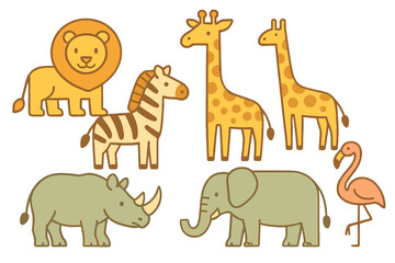 Cute African safari animals: lion, zebra, giraffe, rhinoceros, elephant, and flamingo