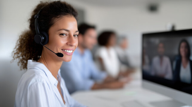 Female employee talking with colleagues via video chat, working from office using headset, multicultural team meeting on computer screen, digital collaboration and modern work envi - Powered by Adobe