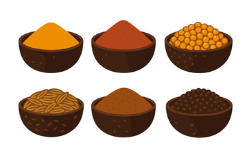 Six dark wooden bowls filled with colorful culinary spices and herbs assortment