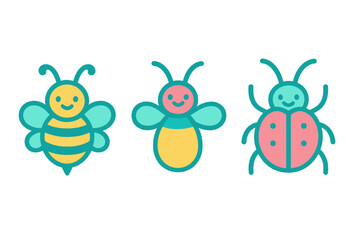 Cute cartoon insect set with smiling bee, happy ladybug, and stylized flying bug character