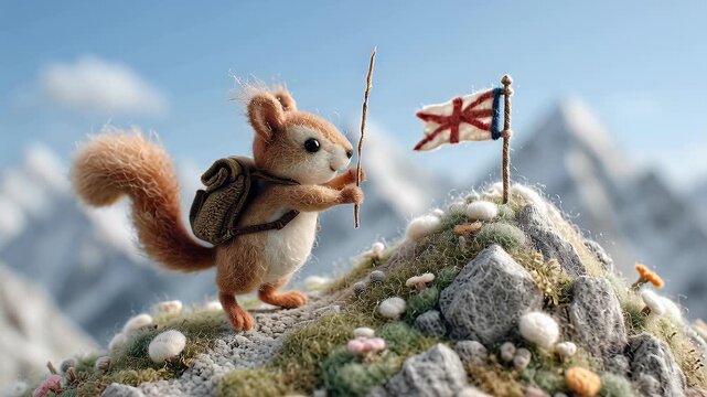 Animated squirrel with backpack on a mountain peak holding a flag against a cloudy sky