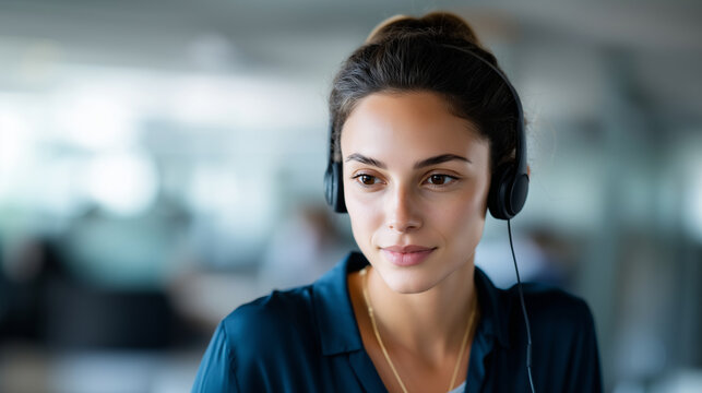 Woman wearing headset having online video meeting with multinational colleagues, modern office workspace, teamwork and communication concept, diversity and collaboration in busines