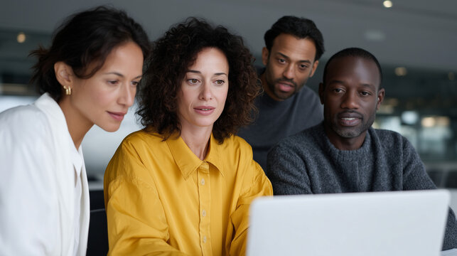 Multiethnic group of office colleagues working together on project using laptop, business brainstorming session in bright modern workspace, teamwork and creative collaboration team