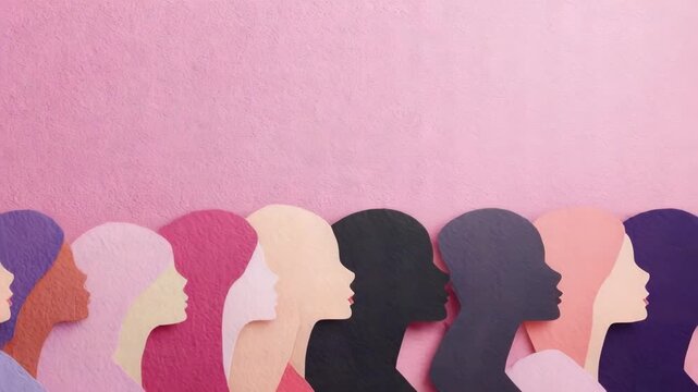 A row of multicolored female profile silhouettes facing left against a pink background.