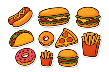 Delicious fast food set featuring burgers, hot dogs, tacos, pizza, donuts, and french fries