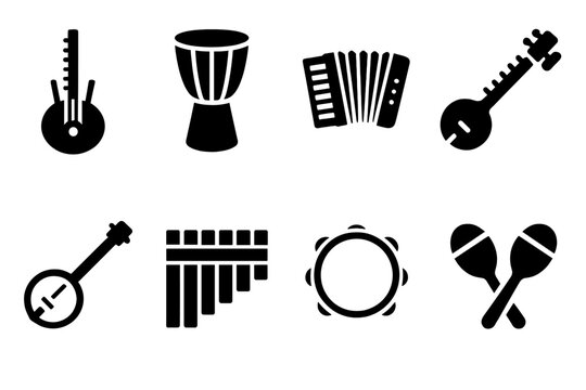 Ethnic Instrument Icons. Ethnic Ensemble. Filled icon set of Ethnic Ensemble: kora, djembe, accordion, sitar,