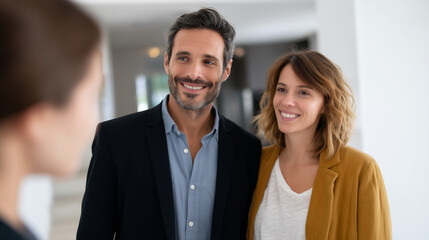 Smiling real estate agent welcoming young couple into new home, showing beautiful modern interior, property tour and professional housing service concept real estate, agent, couple