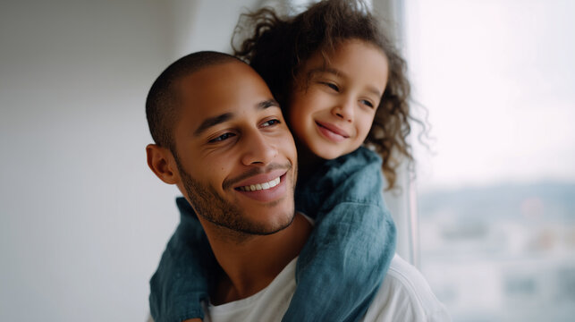 Smiling dad playing with his daughter at home, carrying her on shoulders near bright window, joyful family moment and happiness of parenthood father, daughter, family, home, happin
