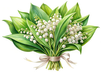 Fototapeta premium Delicate lily-of-the-valley bouquet, hand-painted style, isolated on white