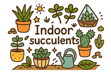 Colorful Indoor Succulents. Indoor succulents. Hand-drawn doodle illustration of Indoor succulents. aloe,