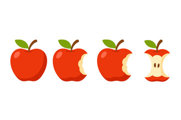 Stages of eating a fresh red apple showing whole fruit, partially consumed bites, and the final core
