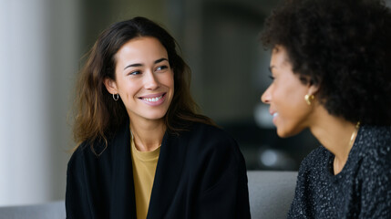 Smiling female mentor and intern talking in cozy office lounge, sharing ideas and discussing project, modern workplace and professional cooperation concept women, business, mentors