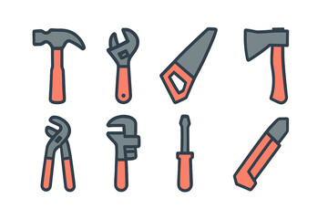 Essential set of construction and repair hand tools including hammer saw and wrenches