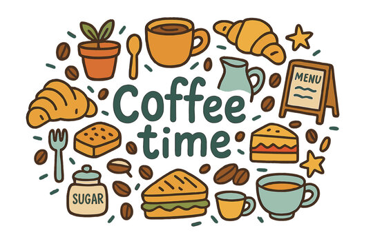 Coffee Time Doodles. Coffee time. Hand-drawn doodle illustration of Coffee time. coffee cup, tea cup,