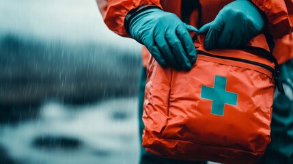 Fototapeta premium Responder with teal gloves holding a first aid pouch in the rain