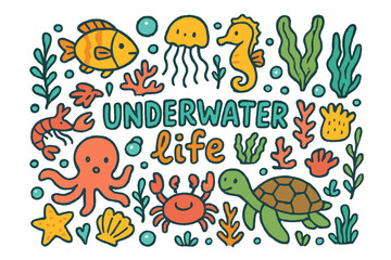Obraz premium Vibrant Underwater Doodles. Underwater life. Hand-drawn doodle illustration of Underwater life. Fish, seahorse