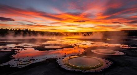 Geothermal Pools Reflecting a Vibrant Sunset in Yellowstone National Park.