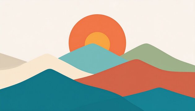 A minimalist landscape depicting colorful layered mountains with a warm sunset. It has a clean aesthetic and calming colors, suitable for background