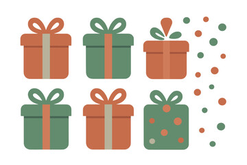 Six stylized holiday gift boxes with ribbons and confetti in earthy green and terracotta