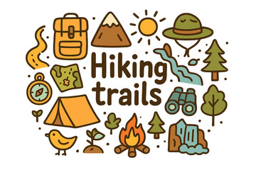 Naklejka premium Hiking Adventure Doodles. Hiking trails. Hand-drawn doodle illustration of Hiking trails. trail, mountain,