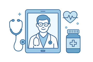 Doctor on tablet screen providing telemedicine consultation with medical symbols