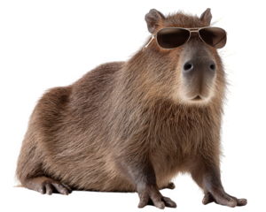 Funny brown capybara rodent wearing cool sunglasses. An isolated cool animal character with humorous attitude, popular meme subject with relaxed and chill expression