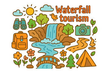 Fototapeta premium Waterfall Adventure Doodles. Waterfall tourism. Hand-drawn doodle illustration of Waterfall tourism. waterfall