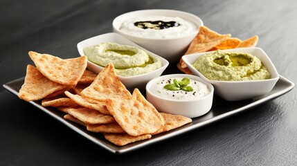 Variety of Dips and Tortilla Chips on Platter, Assorted Flavors, Healthy Appetizer, Vegan Options, Gourmet Presentation, Dark Background, Close-Up